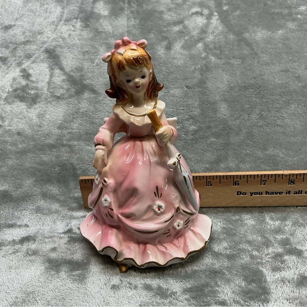 Vintage Norcrest Japan Girl With Umbrella Figurine Pink Dress Hair Bows